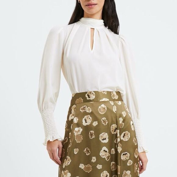 NWOT French Connection Cream Crepe High Neck keyhole Long Sleeve Top size medium - Picture 2 of 13